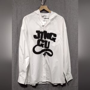 NWT Jinggu Hooded Button Shirt Mens XL White Black Boho Retro 90s Y2K Streetwear